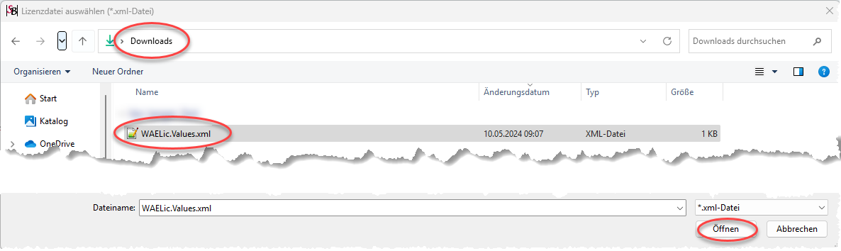 Lizenzdatei auswählen und öffnen